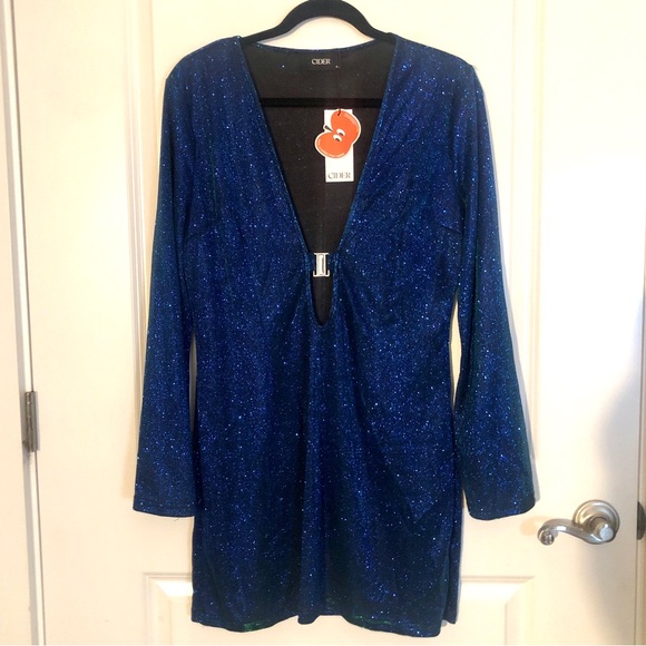 Cider Midnight Blues Sparkly Blue Green Color Shift Long Sleeve Mini Dress - Picture 3 of 11